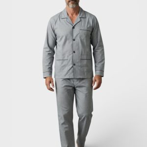 Ανδρική κουμπωτή πιτζάμα με μάκρη μανίκι ποπλίνα Γκρί